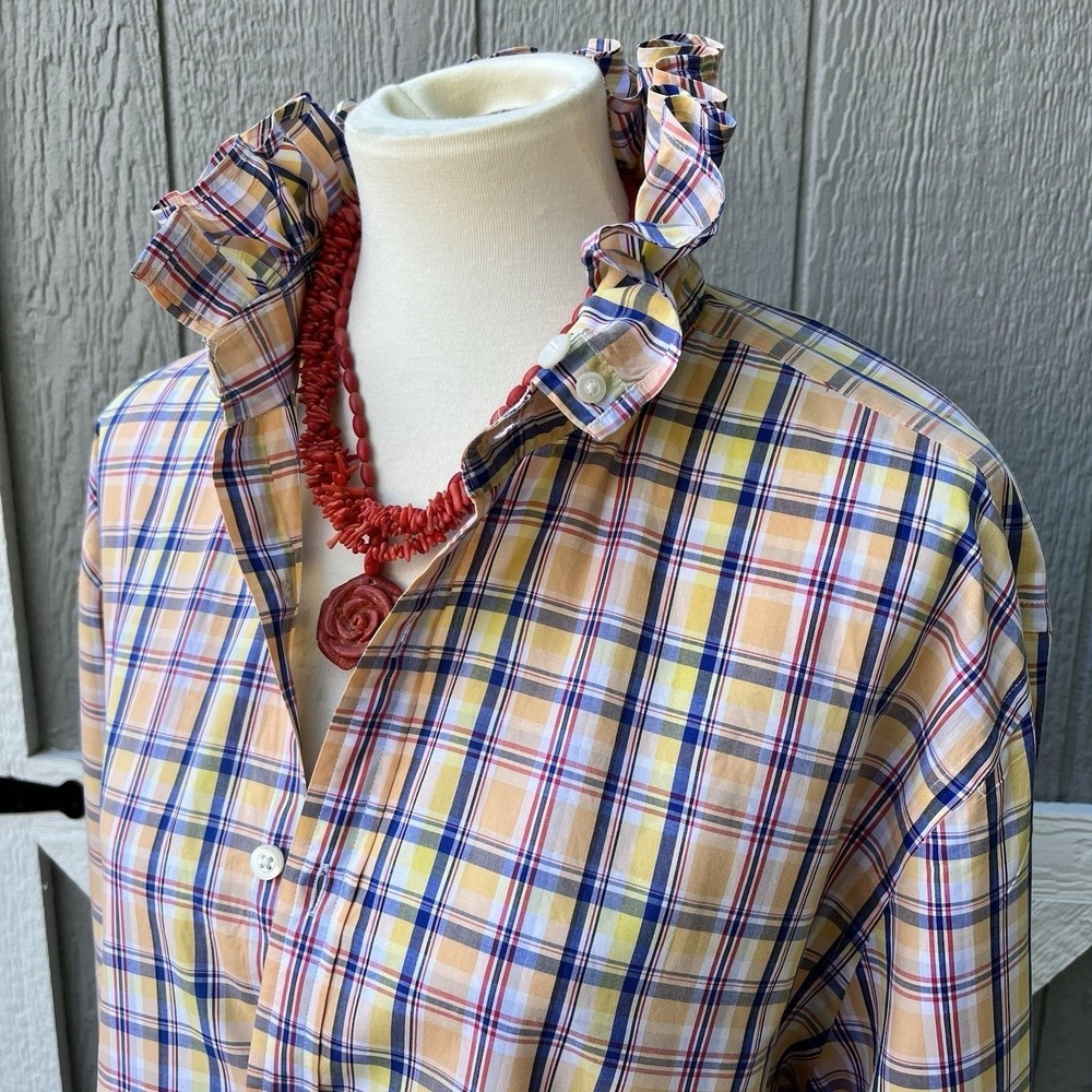 Upcycled Yacht Club Charles Tyrwhitt Yellow Blue Madras Ruffle Collar Shirt L